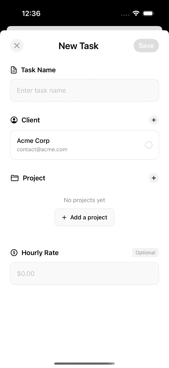 Active timer screen showing time tracking in progress